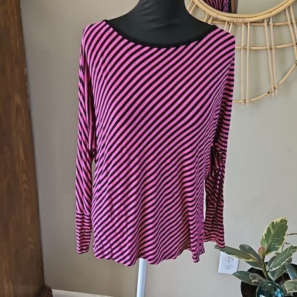 Michael Kors Pink & Black Diagonal Stripe Long Sleeve‎ Blouse Sz L